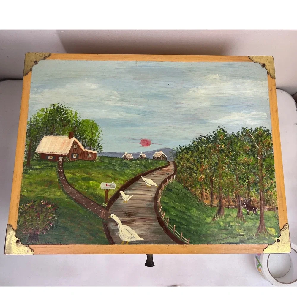 Vintage Tole Hand Painted Wooden Storage Trunk‎ Folk Art Chest Geese Signed 1989